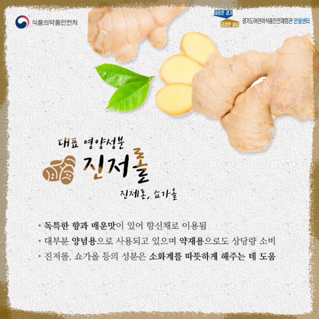 생강의 대표 영양성분으로는 진저롤, 진제론, 쇼가올이 있습니다.