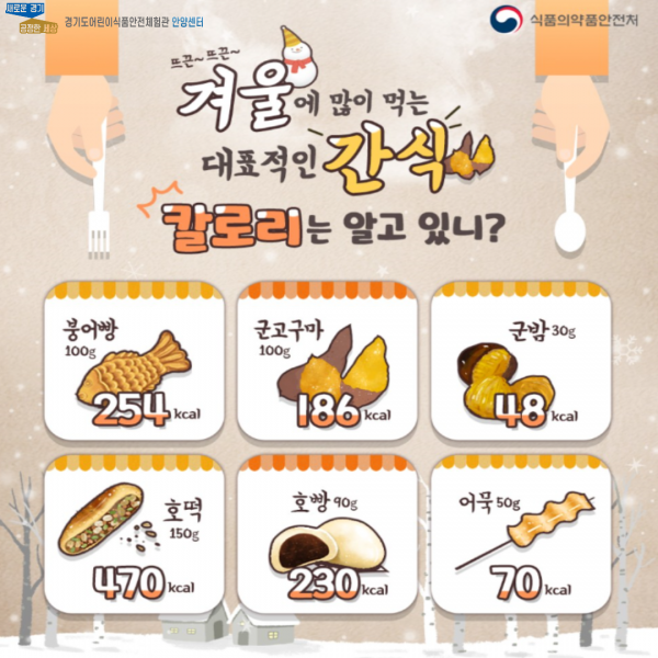 겨울철 대표적인 간식 칼로리 설명 1번째 페이지 입니다.